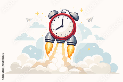 Time to Start New Business and Entrepreneurship Concept with Alarm Clock Rocket Launching into the Sky, Project Launch, Time Management, Productivity, Deadline, and Efficiency Vector Illustration
