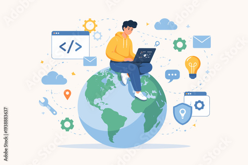 Website Development and Software Coding Concept with Professional Programmer Sitting on Earth Globe Using Laptop for Global Application Design, Internet Technology, and Digital Connectivity.
