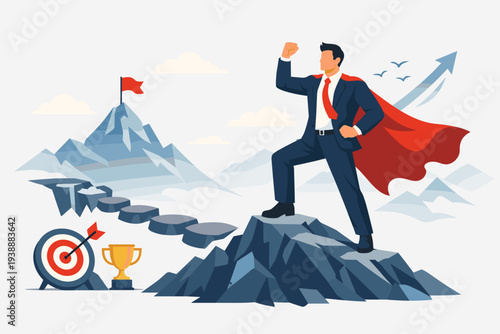 Successful Businessman in Superhero Cape Standing on Mountain Peak Celebrating Achievement with Trophy and Target. Concept of Motivation, Determination, and Willpower to Overcome Tough Challenges.