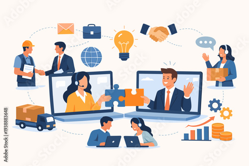 Professional Business Outsourcing and Vendor Management Concept with People Working Virtually, Global Logistics, Third-Party Collaboration, Supply Chain, and Online Communication Illustration.