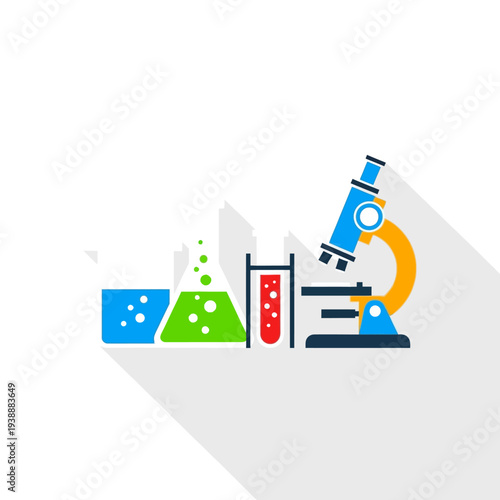 Science Laboratory Equipment: Microscope, Beakers, Test Tubes with Colorful Liquids and Bubbles
