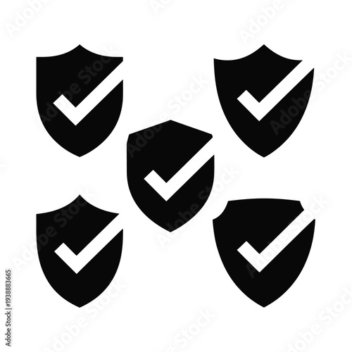 Five black shields with white check marks in a circle formation