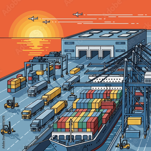 Container ship loading at busy international port with cranes, trucks, and cargo at sunset
