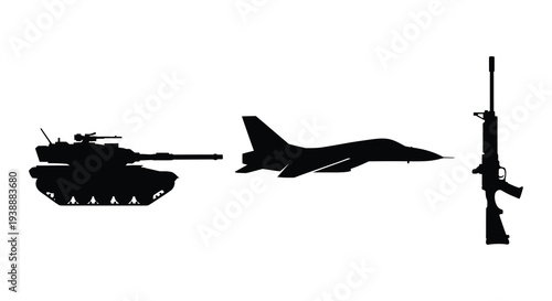 A stark depiction of military hardware including a tank jet and rifle in silhouette high quality