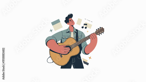 Man playing acoustic guitar with musical notes floating around him in a lively atmosphere