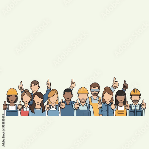 Diverse team of workers giving thumbs up, celebrating success and teamwork