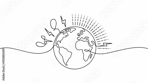 Earth globe with sun rays and wind energy turbines around it symbolizing renewable energy and sustainable future