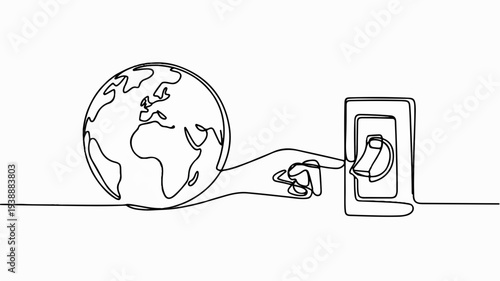 Hand turning light switch off with earth globe symbolizing energy saving and eco friendly living concept