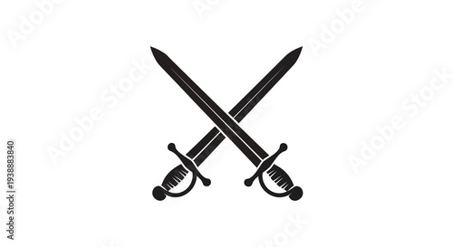 Two crossed swords depicted in a stark black form against a white background silhouette high quality