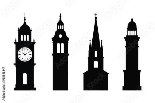 Four black silhouette clock towers with different architectural styles 1