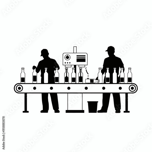 Factory workers on assembly line bottling beverages with automated machinery