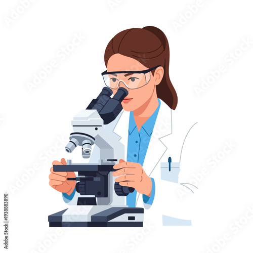 Scientist examining sample under microscope in laboratory, wearing safety glasses and lab coat.