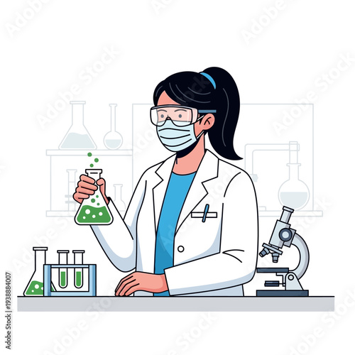 Scientist in Lab Coat and Mask Holding Flask with Green Liquid, Microscope Nearby