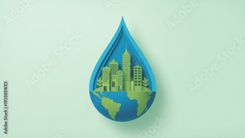 Eco friendly cityscape in a water drop symbolizing sustainable urban planning and green environment