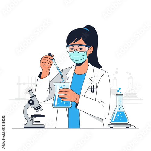 Scientist in Lab Coat and Mask Pipetting Liquid into Flask, Microscope Nearby