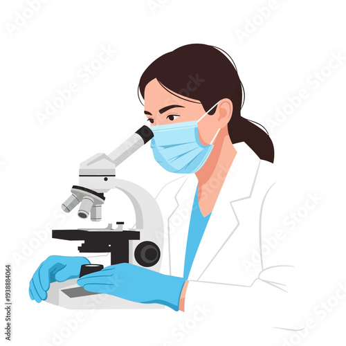 Scientist in lab coat and mask using microscope, conducting research, close-up on hands and equipment