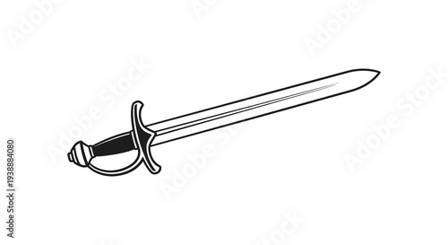 A detailed illustration of a historical rapier sword presented in striking black and white silhouette