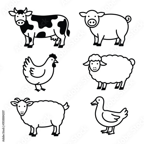Six black and white farm animals chicken sheep