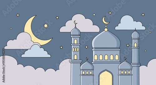 Mosque at dusk with crescent moon shining brightly
