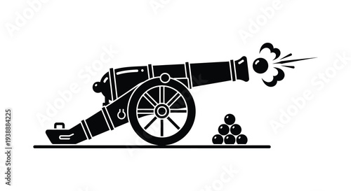 A striking black silhouette depicts a vintage cannon firing with cannonballs and smoke silhouette high quality