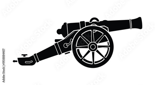A detailed black silhouette of an antique cannon positioned for firing a historical depiction silhouette