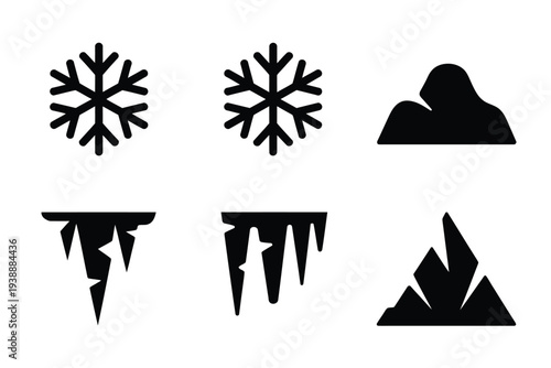 Six black winter weather set snow snowflakes icicles