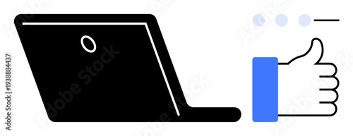 Digital communication. Laptop and thumbs-up icon highlighting engagement in online platforms. Digital communication ensures user interaction and feedback. For social media, technology, online