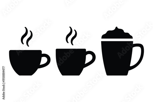Three black coffee cups with steam and whipped cream