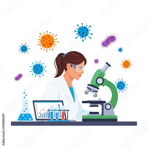 Scientist researching viruses and bacteria with microscope and laptop in laboratory