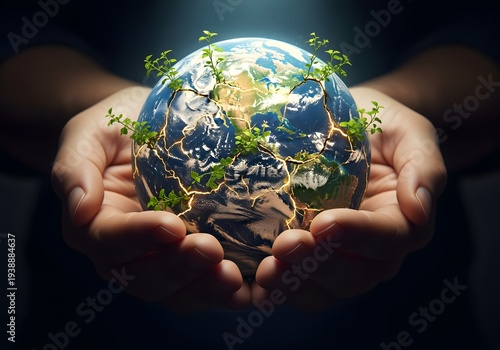 Person holding a globe with green plants growing on it in cupped hands