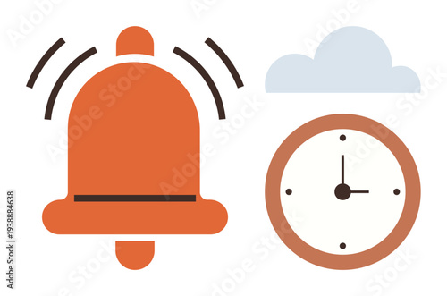 Time management, alerts, punctuality, notifications, reminders, organization. An alarm bell and clock with a cloud. s time management and alerts in a digital context