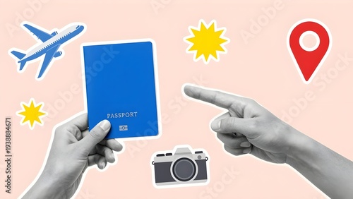 Hands holding passport with travel icons and vacation planning symbols on minimalist background