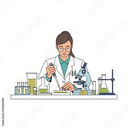 Scientist working in laboratory with microscope and test tubes, conducting research