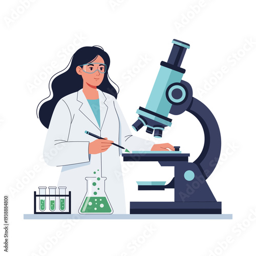 Scientist working with microscope and test tubes in laboratory, female researcher