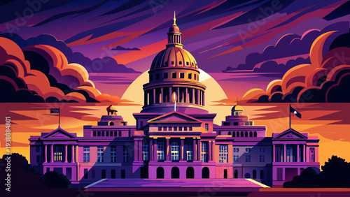 Government Building Domed Architecture at Dramatic Sunset Sky Cityscape Landmark Structure austin skyline vector