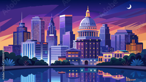 Vibrant Cityscape Panorama at Dusk Featuring Government Capitol Dome Reflected in Water Body austin skyline vector