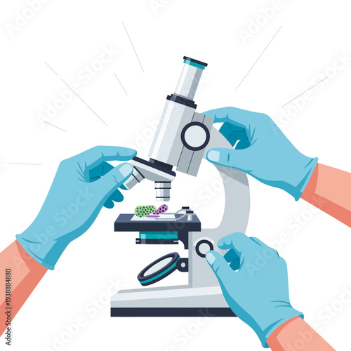 Scientists collaborate using a microscope for research and discovery in a lab