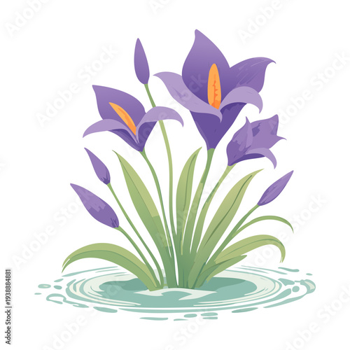 Purple flowers on a small island plant illustration with green leaves and calm water ripples for nature themes