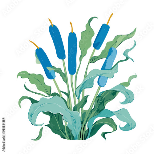 Blue marsh reeds plant illustration with green foliage for pond and wetland nature vector art and landscape designs