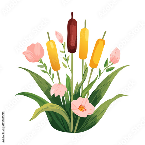 Yellow and orange reeds plant illustration for colorful wetland and pond nature vector art and landscape design themes