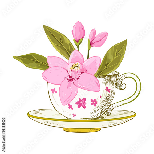 Pink orchid flower in a teacup plant illustration for creative and whimsical garden and floral vector art
