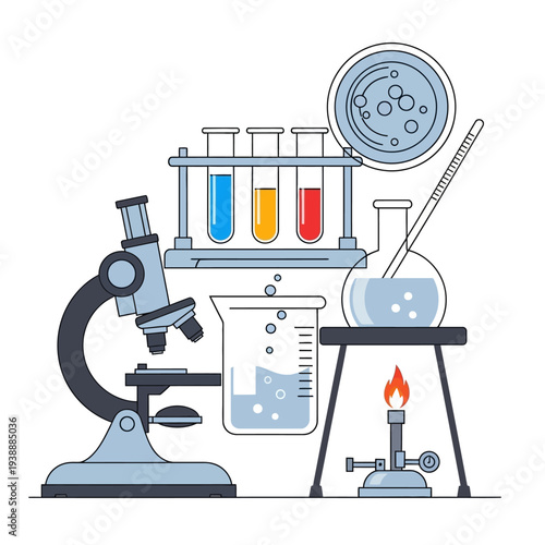 Microscope, test tubes, and beaker on lab table with Bunsen burner, science research concept