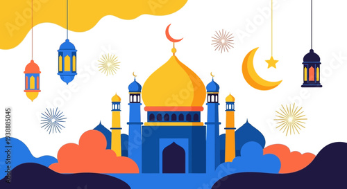 Mosque illustration with lanterns and crescent moon
