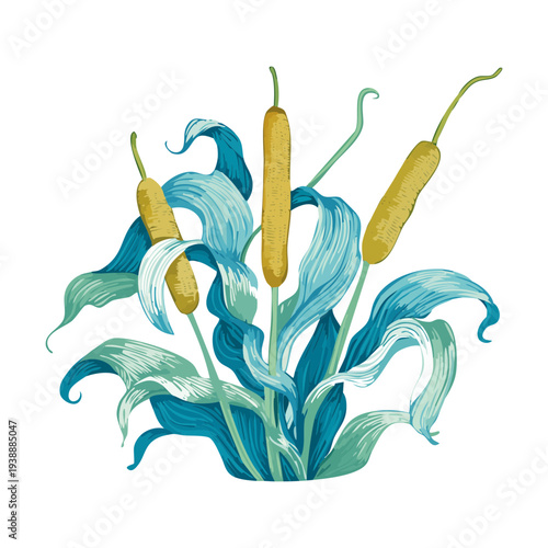 Blue Tinted Bulrush Plant Cattail In Marsh Environment For Artistic Nature Landscape Design Concept Creative Floral Illustration