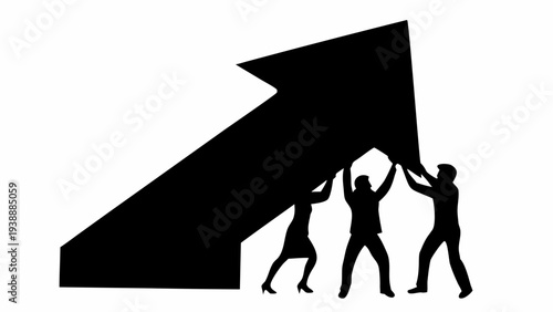 Teamwork propels business growth with giant upward arrow