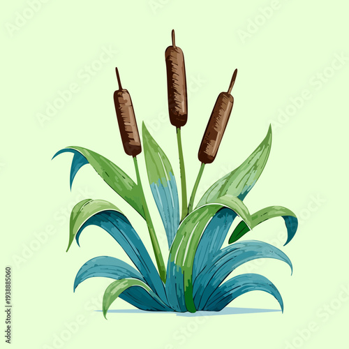 Natural Green Bulrush Plant Cattail Growing In Swamp Area For Ecology Conservation And Nature Creative Floral Illustration