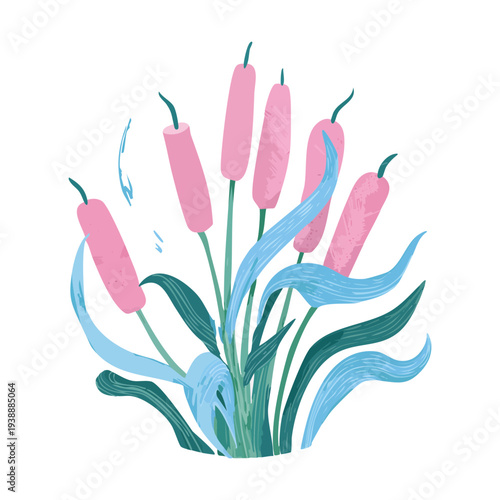 Soft Pink Bulrush Plant Cattail With Blue Leaves For Whimsical Garden Design And Artistic Creative Floral Illustration