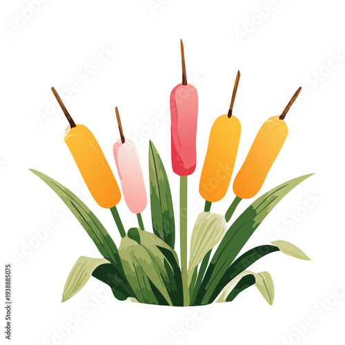 Yellow And Orange Bulrush Plant Cattail For Autumn Seasonal Decoration And Natural Landscape Design Creative Floral Illustration
