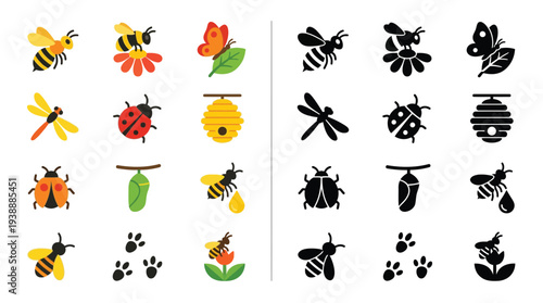 Collection of colorful and silhouette icons representing various insects and nature elements, including bees, butterflies, dragonflies, ladybugs, and paw prints.