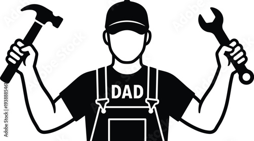 Handyman dad holding hammer and wrench, father repair concept, DIY maintenance worker, fatherhood skills, home improvement symbol, minimalist vector illustration